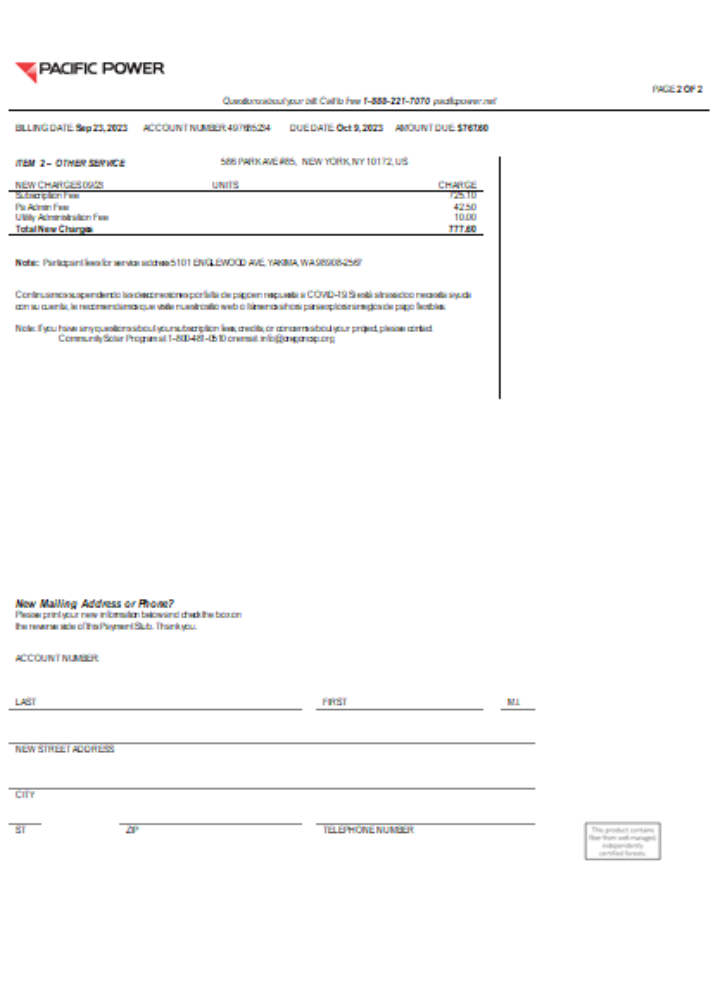 Download Pacific Power  utility business bill,  page 2, SCR Photoshop template